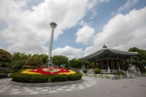 Busan Tower and octagonal pavilion at Yongdusan Park